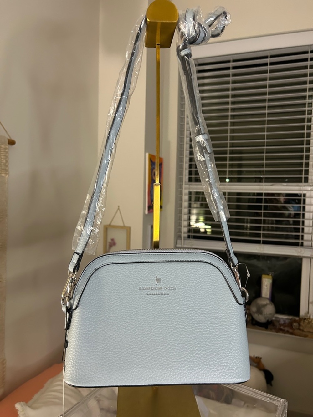 London Fog Pale Denim Blue Ellie Dome Vegan Crossbody 6.75”x 9.25”x 3.25” NWT
